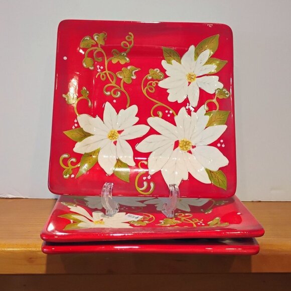Laurie Gates Poinsettia Square Plates Set of 3 Red White 8 3/4" - Picture 2 of 8